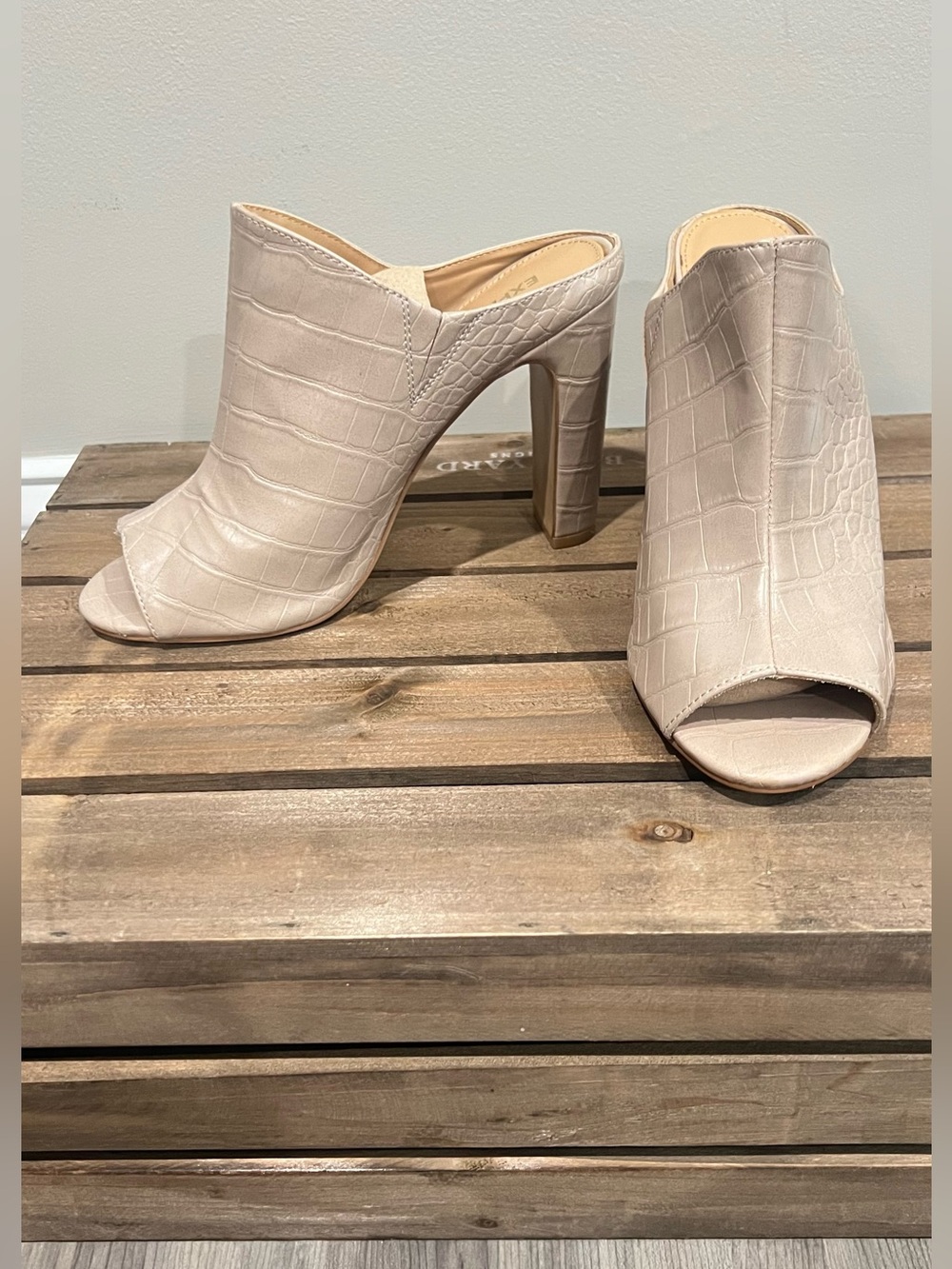 Taupe Croc-Embossed Open-Toe Mule Heels